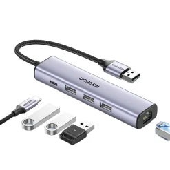 Ugreen multifunctional adapter HUB USB 3.0 - 3 x USB / Ethernet RJ-45 / USB Type C PD gray (CM475)