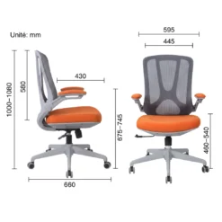 Alternative view of Chaise Bureau Résille Grise & Tissu Orange – Accoudoirs Rabattables Gris (GB-21G)