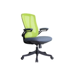 Chaise Bureau Résille Vert & Tissu Gris – Accoudoirs Rabattables Noir (GB-21B)